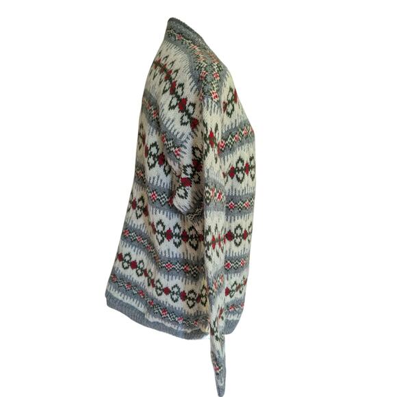 Vtg Nordic Wool Sweater Classic Fair Isle Metal Buttons Cream Gray Red - Picture 9 of 10